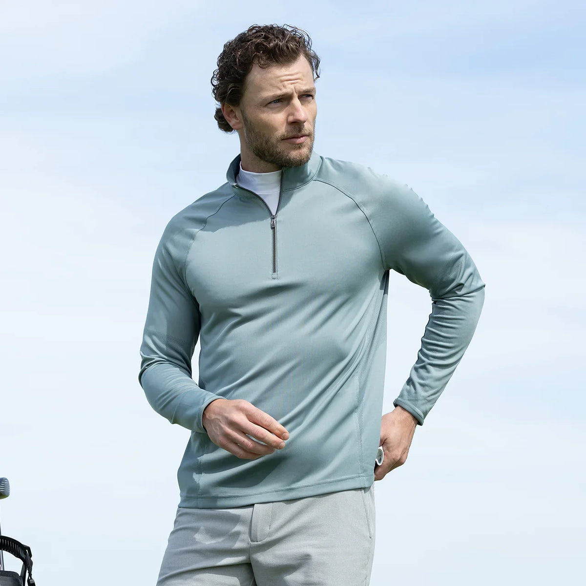 Quest Contour Quarter Zip in Slate Green, worn by a model, front view