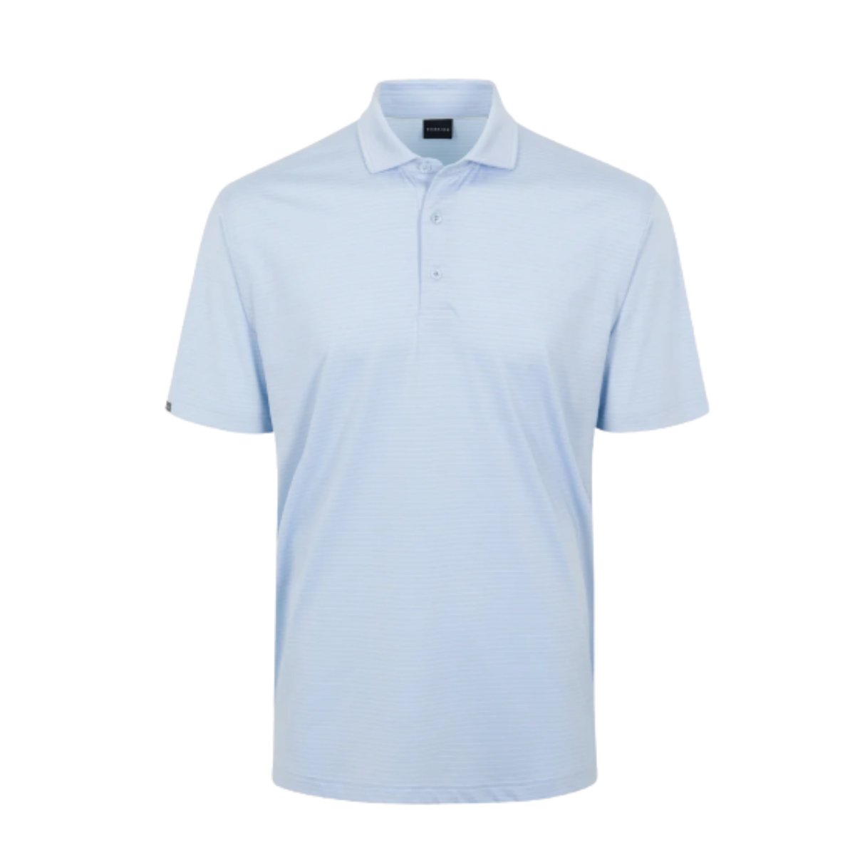 Helsby Pinstripe Jersey Performance Polo in Cashmere Blue with white pinstripes, front view