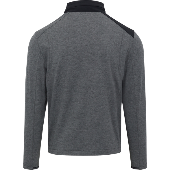 Gray half-zip pullover with black collar on a white background