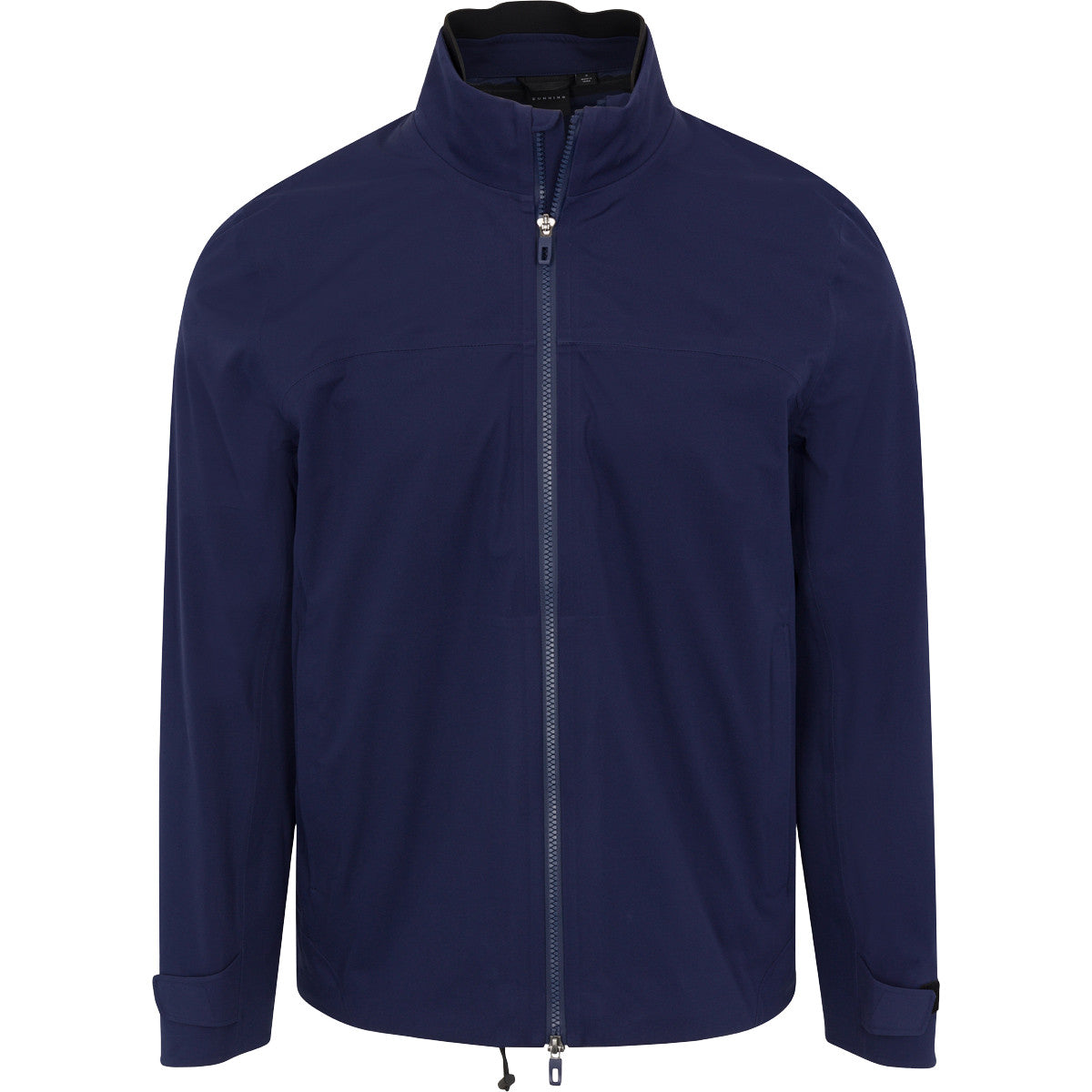 Navy blue jacket with a zipper on a white background