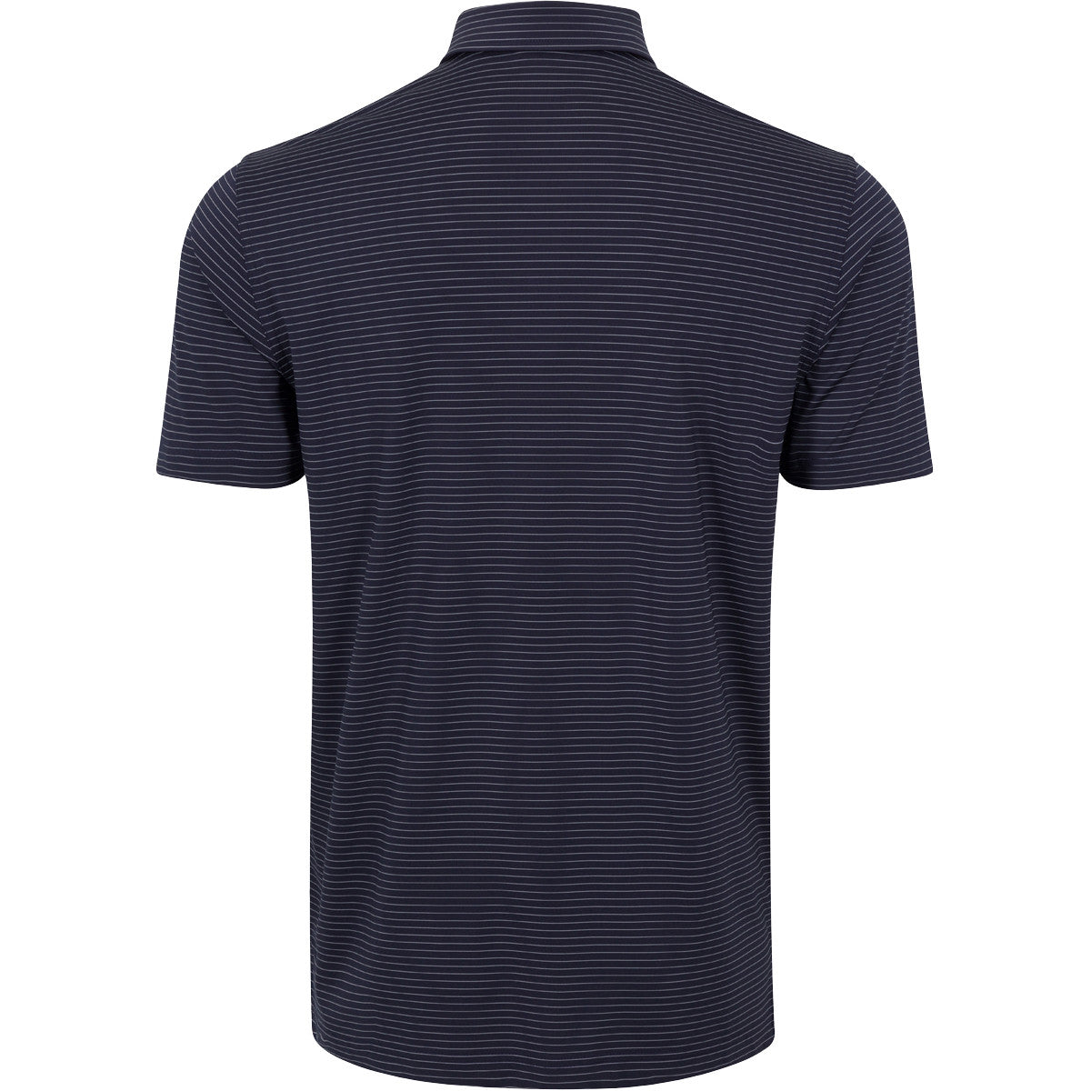 Navy striped polo shirt on a white background