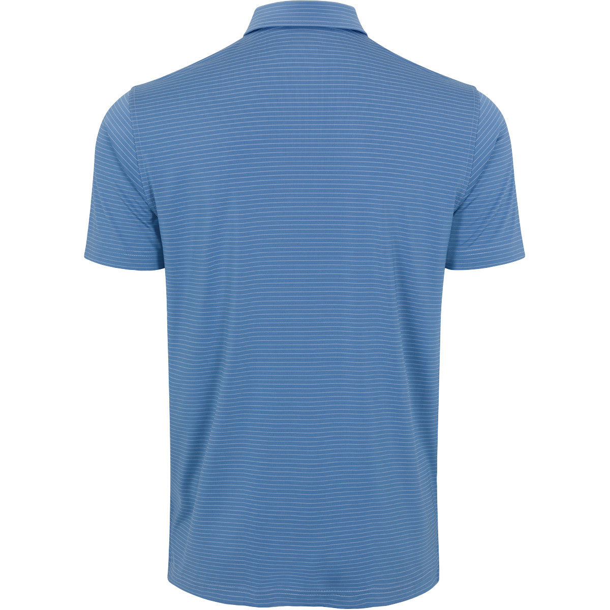 Helsby Pinstripe Jersey Performance Polo in blue with white pinstripes, back view