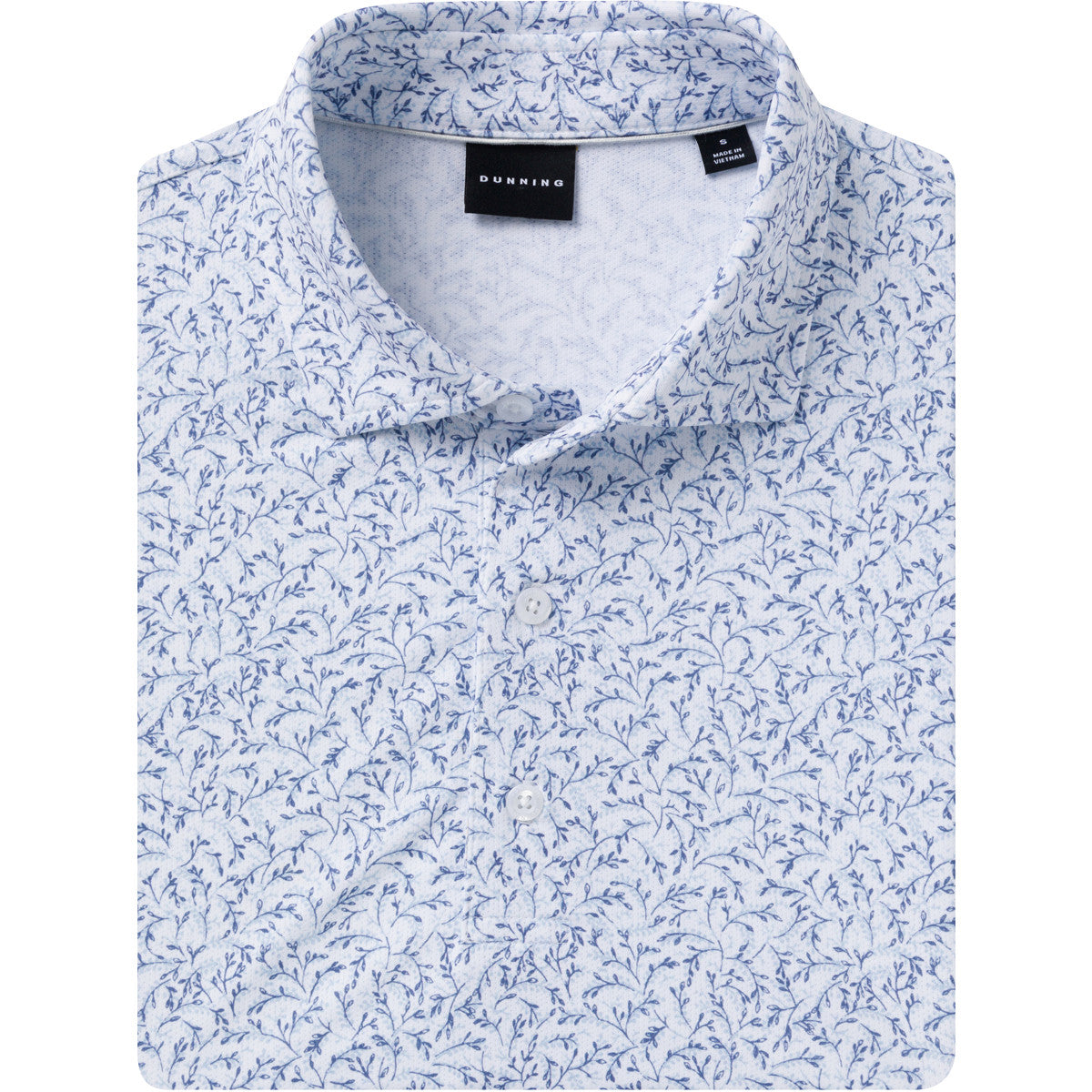 White shirt with blue floral pattern on a white background