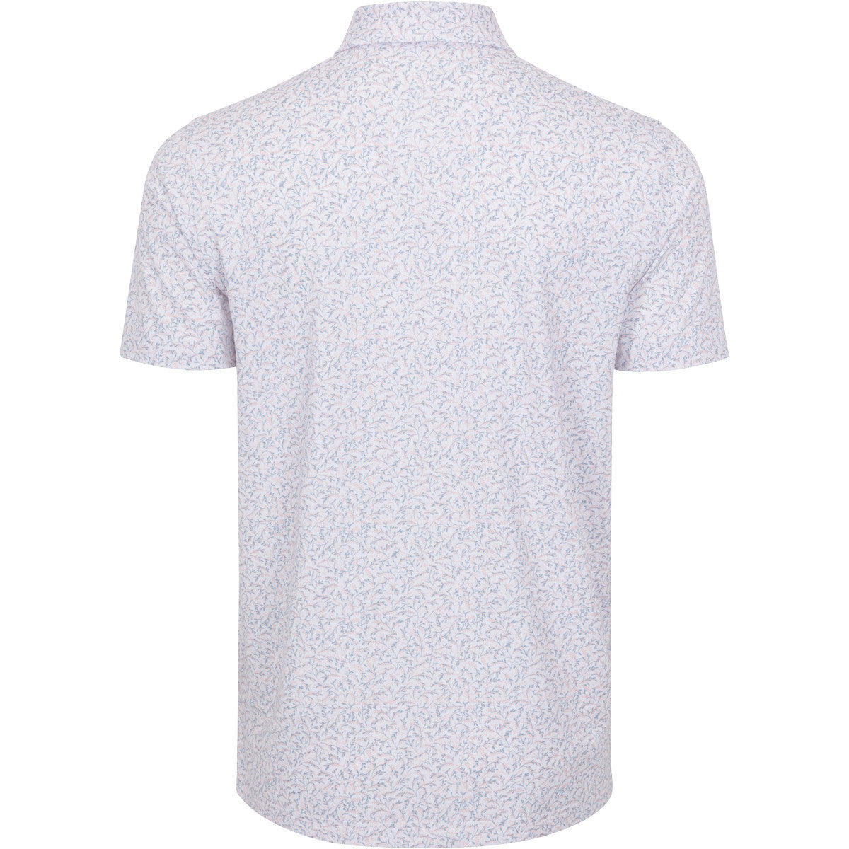 Back view of a light gray patterned polo shirt on a white background