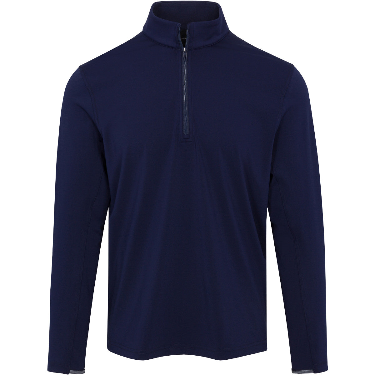 Navy blue long-sleeve pullover with a quarter zip on a white background