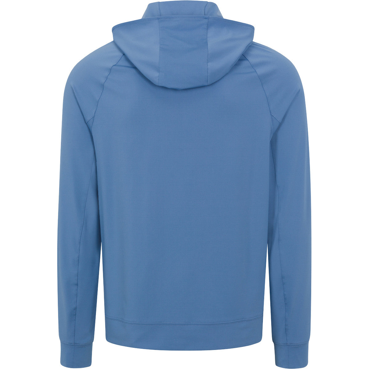 Blue hoodie shown from the back on a white background