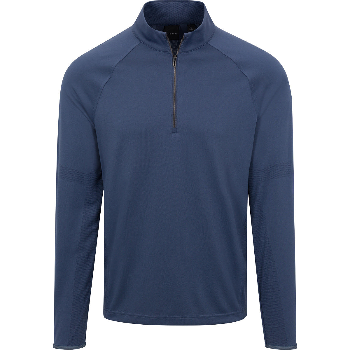 Navy blue long-sleeve pullover with a quarter zip on a white background