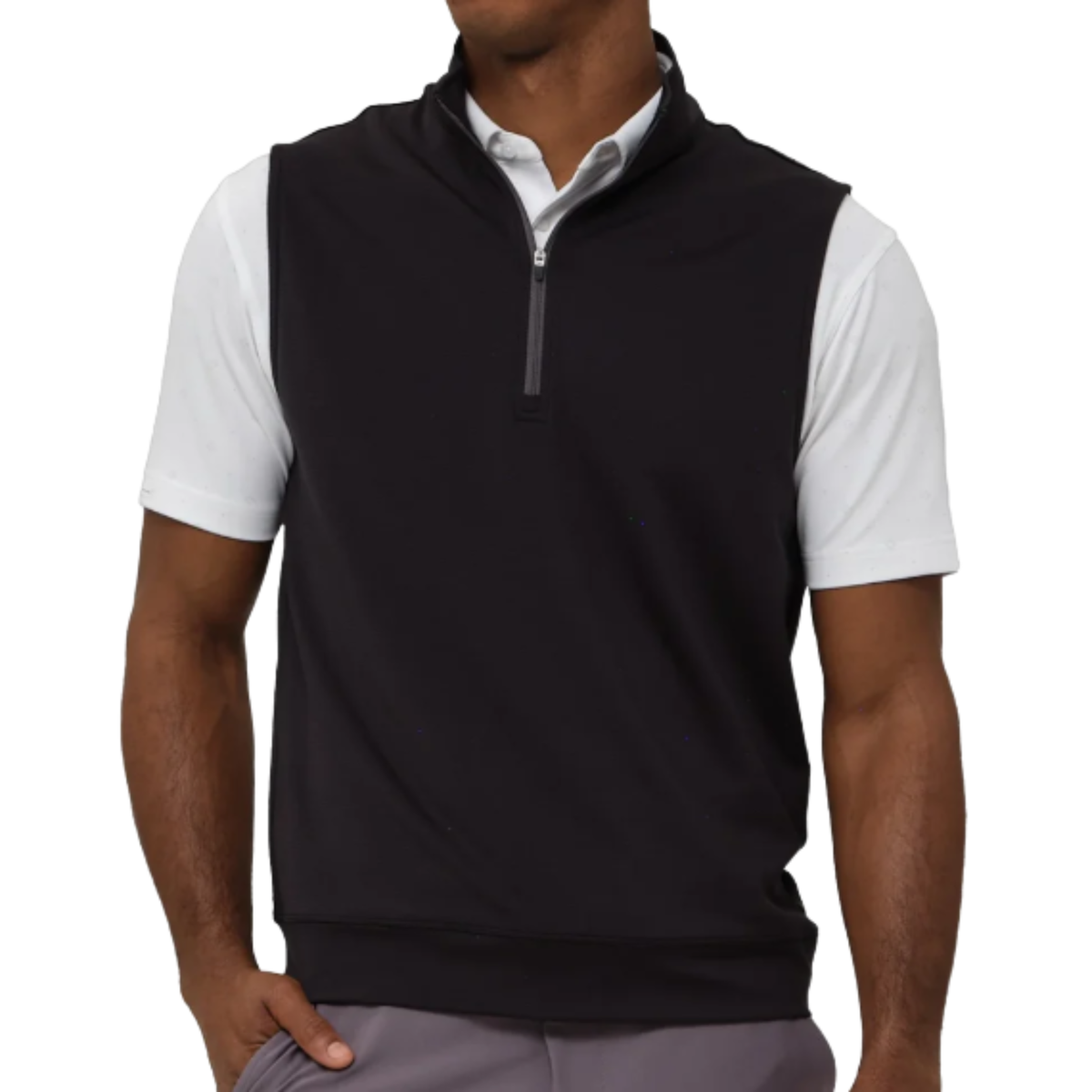 Player 2.0 Quarter Zip Vest in black, worn by a model, front view