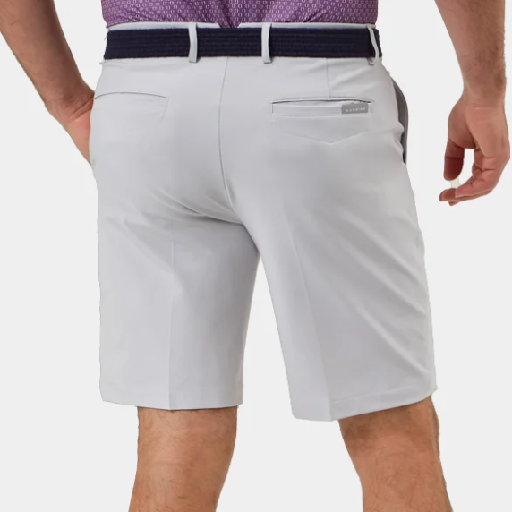 Player Fit Woven 9" Short in microchip, back view on model