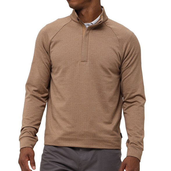 Man wearing a brown long-sleeve shirt on a white background