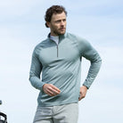 Quest Contour Quarter Zip in Slate Green, worn by a model, front view
