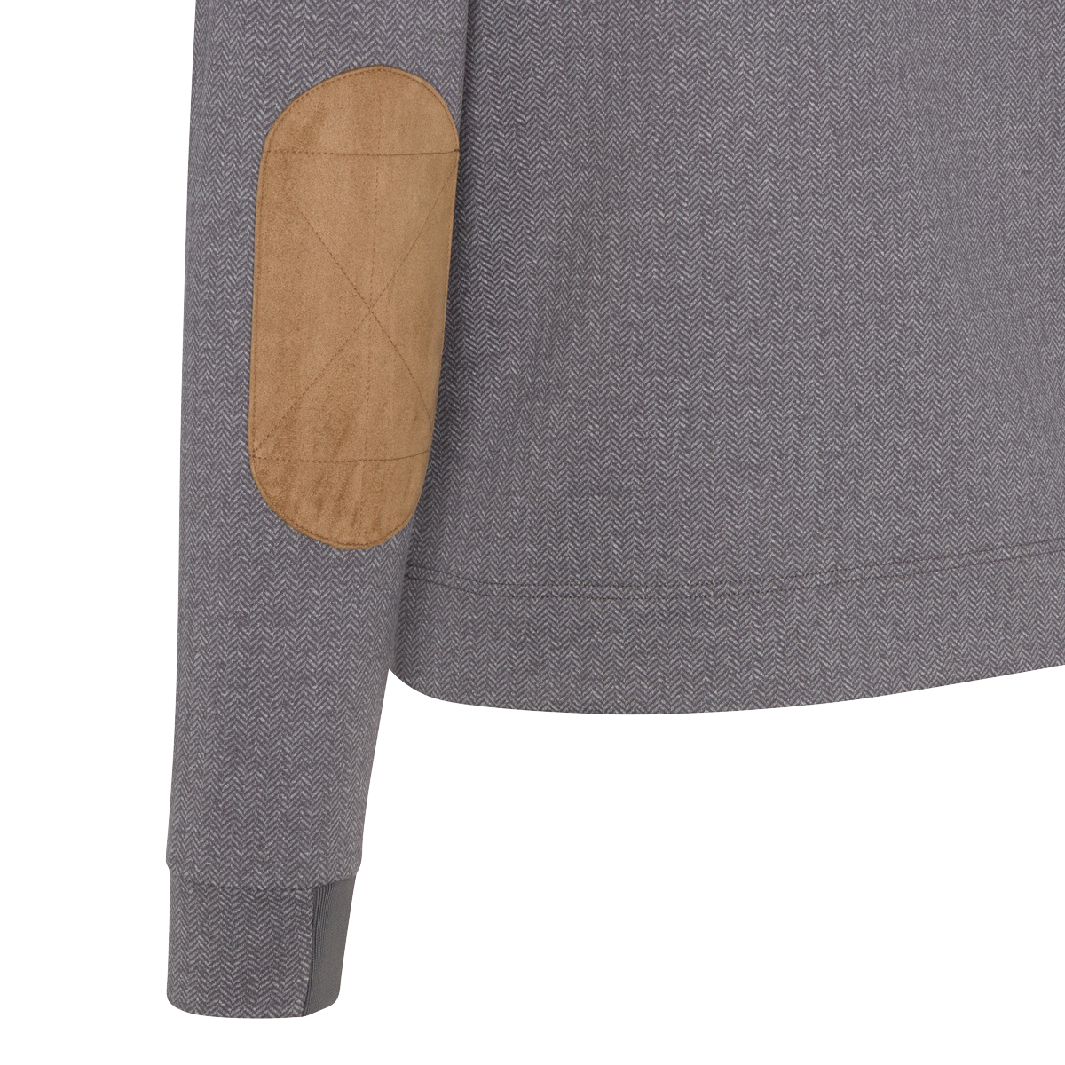 Gray sweatshirt with a brown patch on the sleeve against a white background