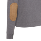 Gray sweatshirt with a brown patch on the sleeve against a white background