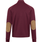 Maroon sweater with beige elbow patches on a white background