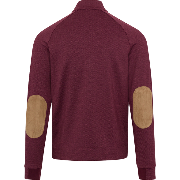 Maroon sweater with beige elbow patches on a white background