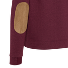 Close-up of a maroon garment with a brown patch on a white background
