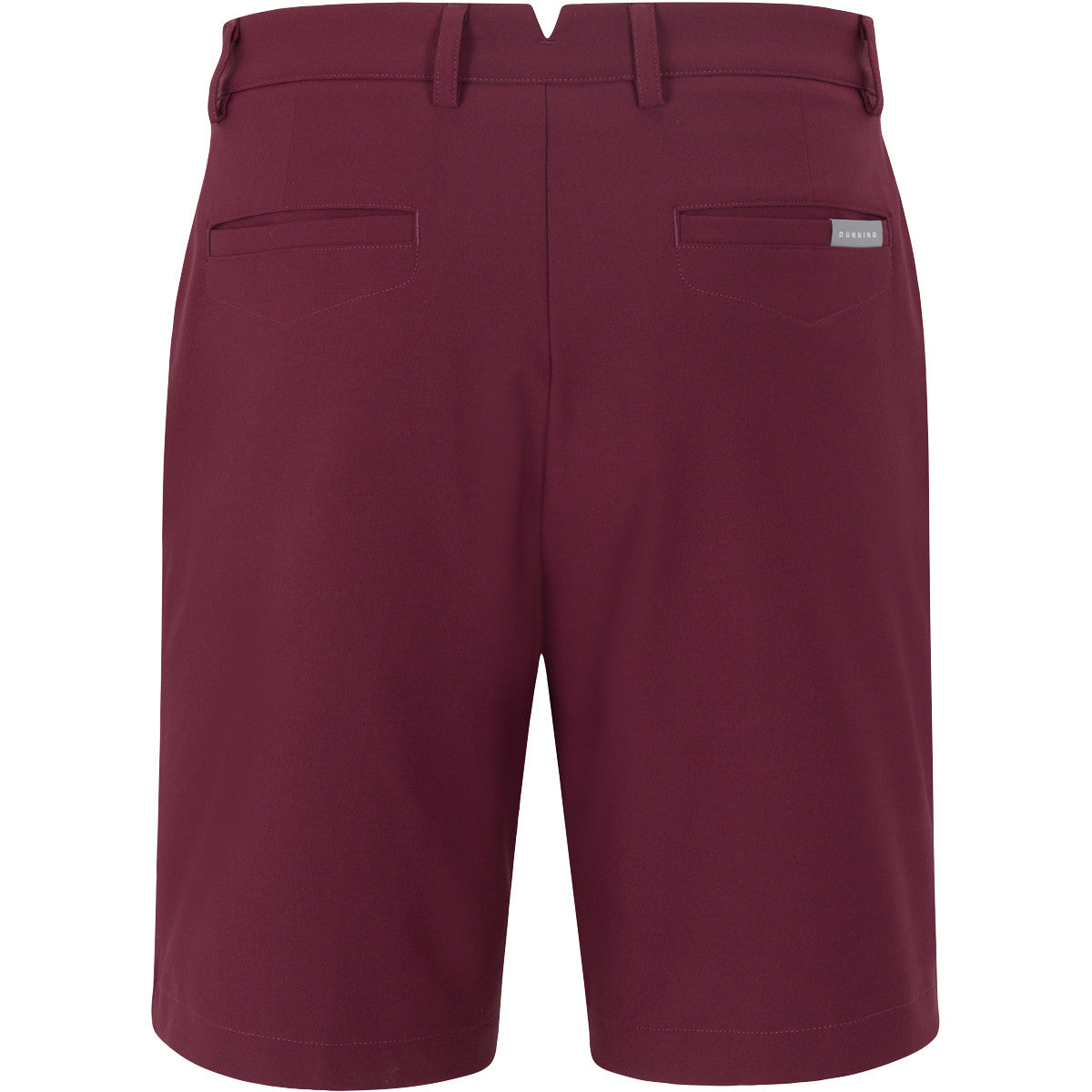 A pair of men's shorts in a deep burgundy color, shown from the back. The shorts feature belt loops, a button closure, two welt back pockets, and a small gray brand tag on the right pocket.