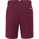 A pair of men's shorts in a deep burgundy color, shown from the back. The shorts feature belt loops, a button closure, two welt back pockets, and a small gray brand tag on the right pocket.