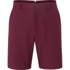 A pair of men's athletic shorts in a deep burgundy color, featuring a button closure, belt loops, and side pockets, shown against a plain white background.