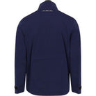 Navy blue jacket with a brand logo on the back against a white background