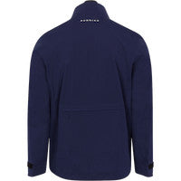 Navy blue jacket with a brand logo on the back against a white background