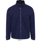 Navy blue jacket with a zipper on a white background