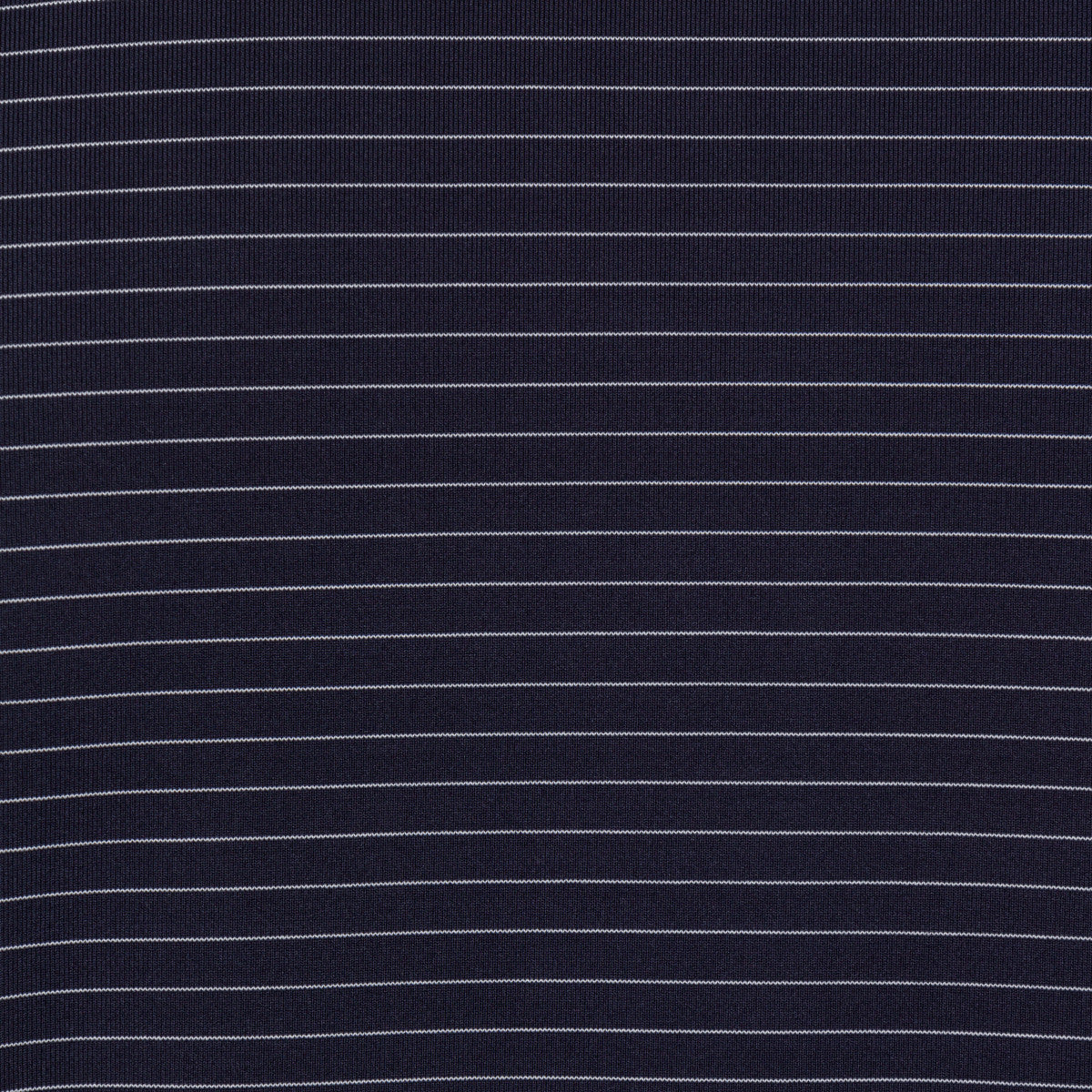 Close-up of navy blue fabric with thin white stripes