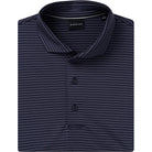 Navy striped polo shirt on a white background