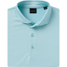 Light blue striped polo shirt with a collar on a white background