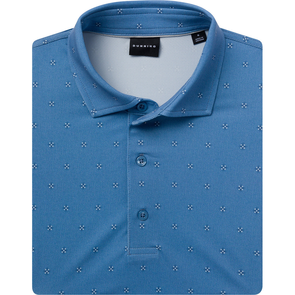Blue polo shirt with a subtle pattern on a white background