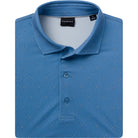 Blue polo shirt with a subtle pattern on a white background