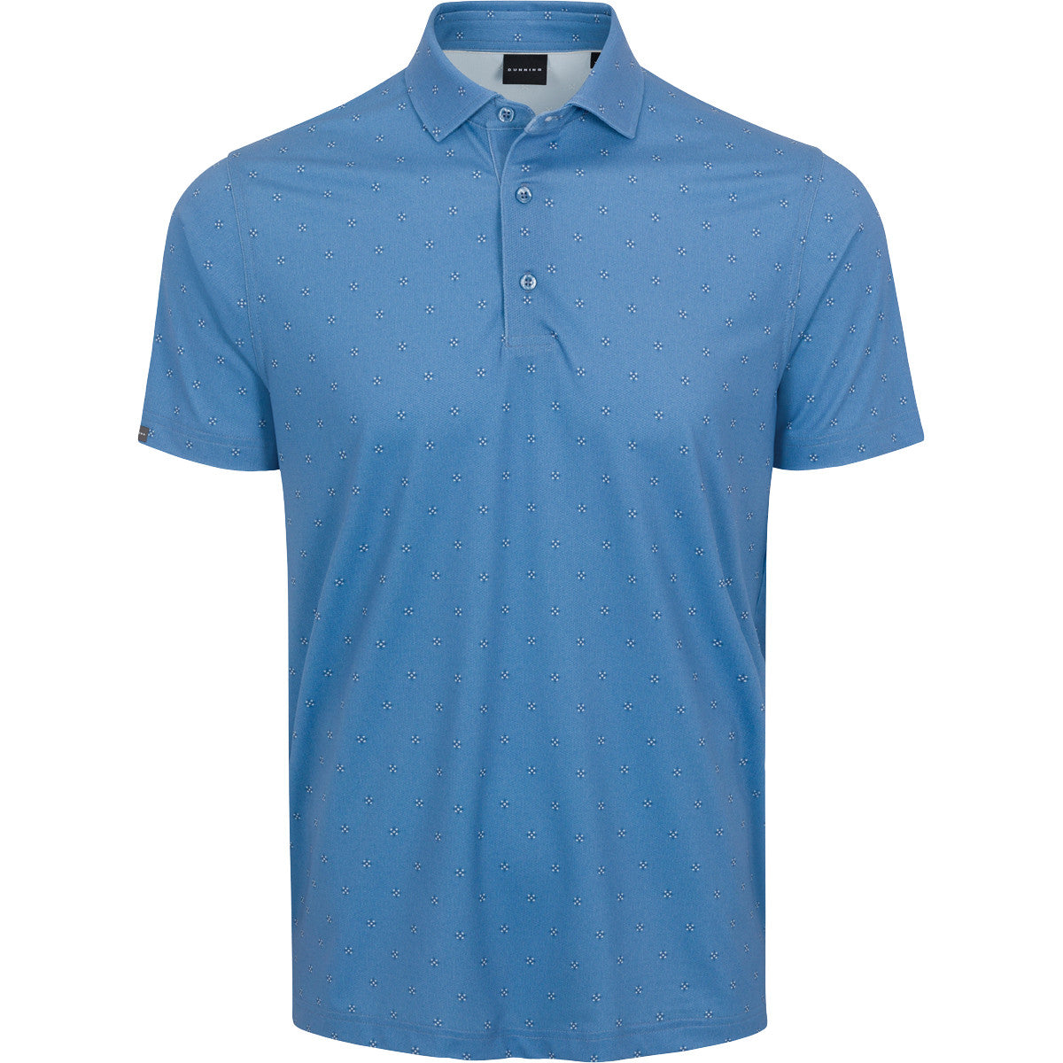 Blue polo shirt with a subtle pattern on a white background
