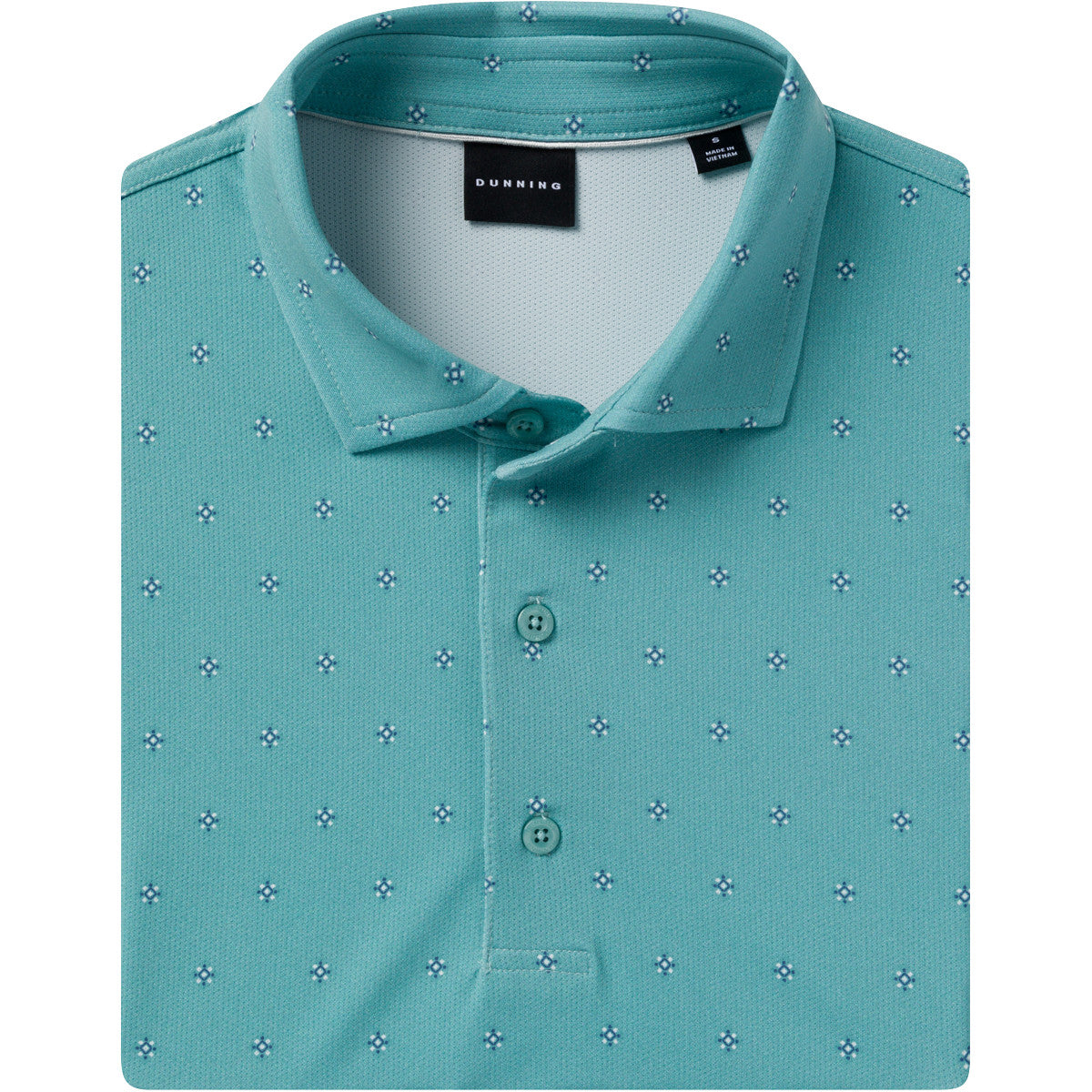 Teal patterned polo shirt on a white background