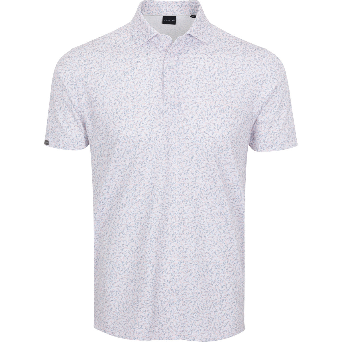 White polo shirt with subtle pattern on a white background