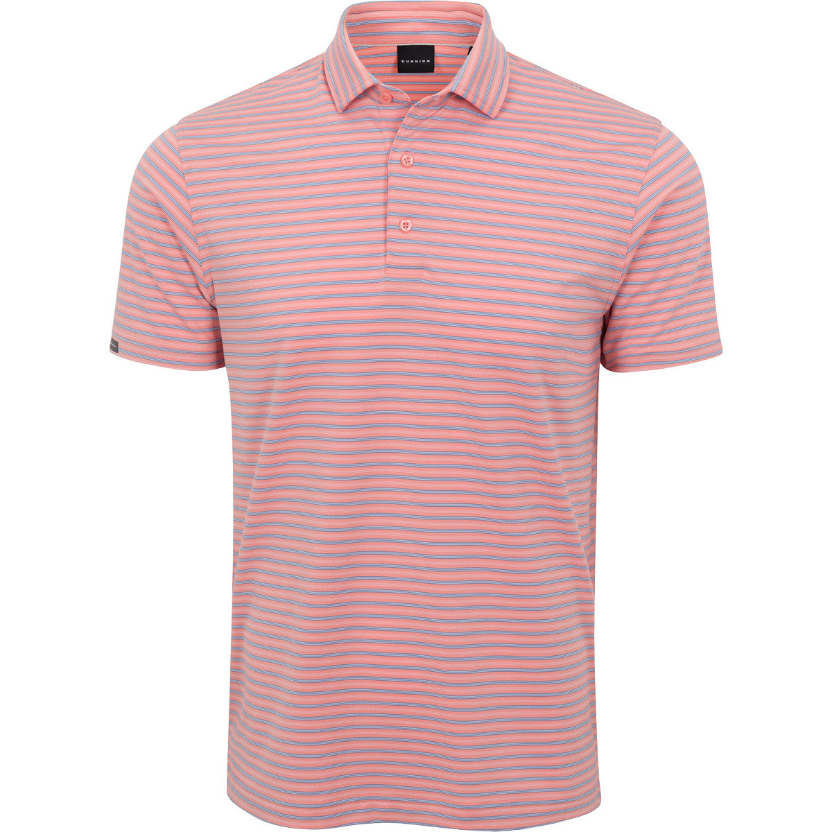 Pink and white striped polo shirt on a white background