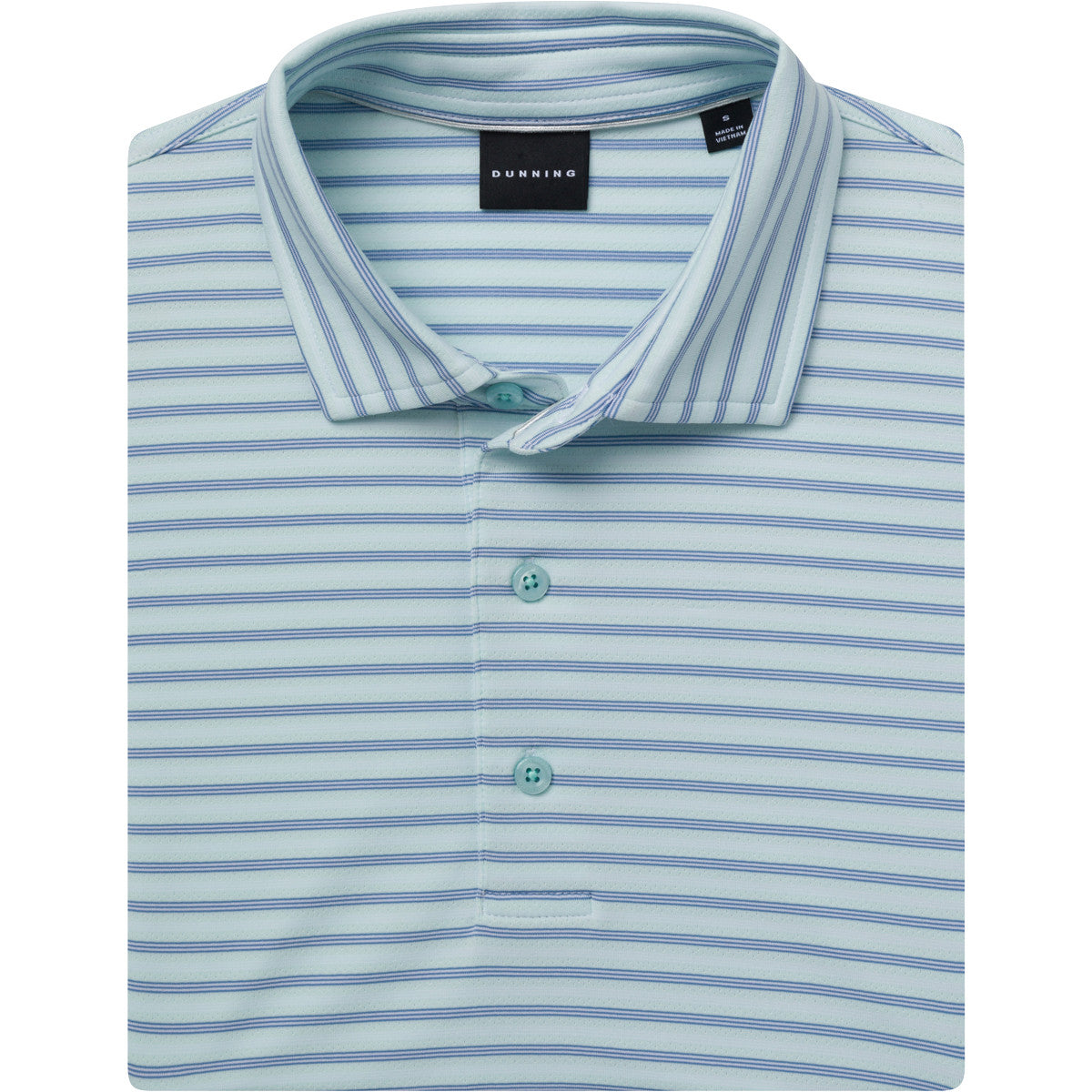 Light blue and white striped polo shirt with a collar on a white background