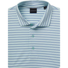 Light blue and white striped polo shirt with a collar on a white background