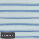 Close-up of a fabric with blue stripes and a Dunning label.