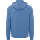 Blue hoodie shown from the back on a white background