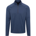 Navy blue long-sleeve pullover with a quarter zip on a white background