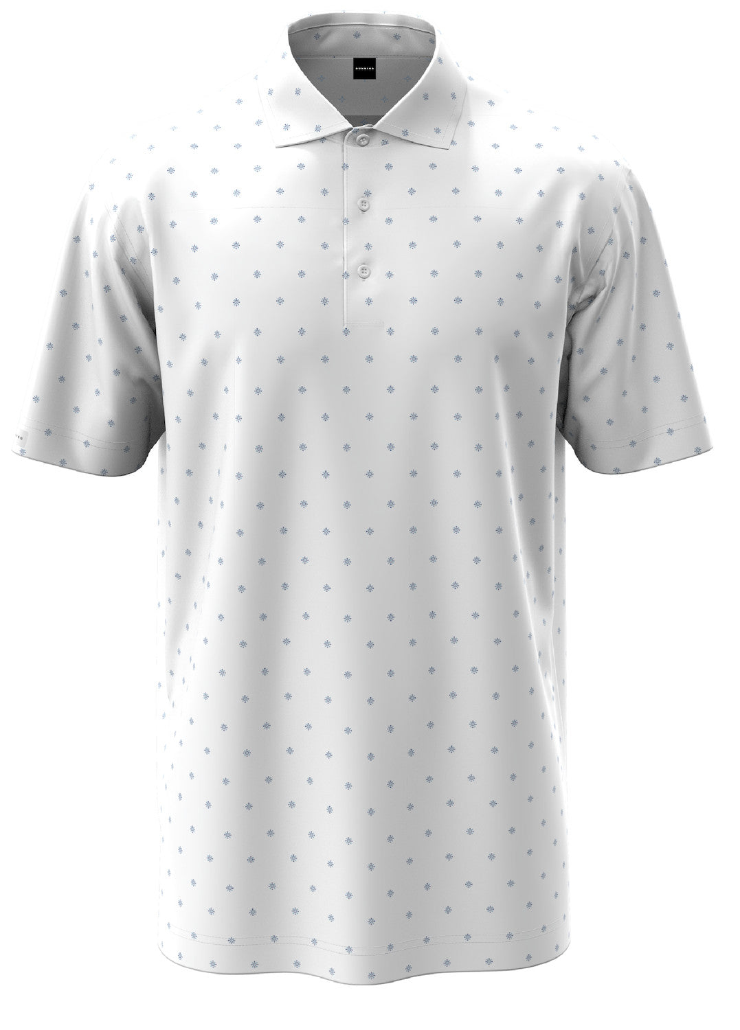 White polo shirt with subtle pattern on a white background