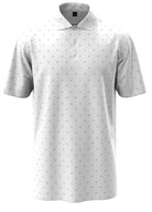 White polo shirt with subtle pattern on a white background