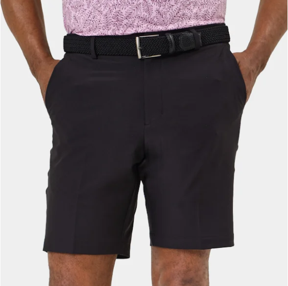 Player Fit Woven 9" Short in black, front view on model