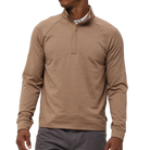 Man wearing a brown long-sleeve shirt on a white background