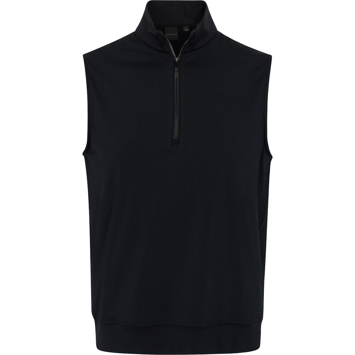 Black sleeveless pullover with a quarter zip on a white background