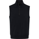 Black sleeveless pullover with a quarter zip on a white background