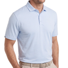 Helsby Pinstripe Jersey Performance Polo in Cashmere Blue with white pinstripes, worn by a model, front view