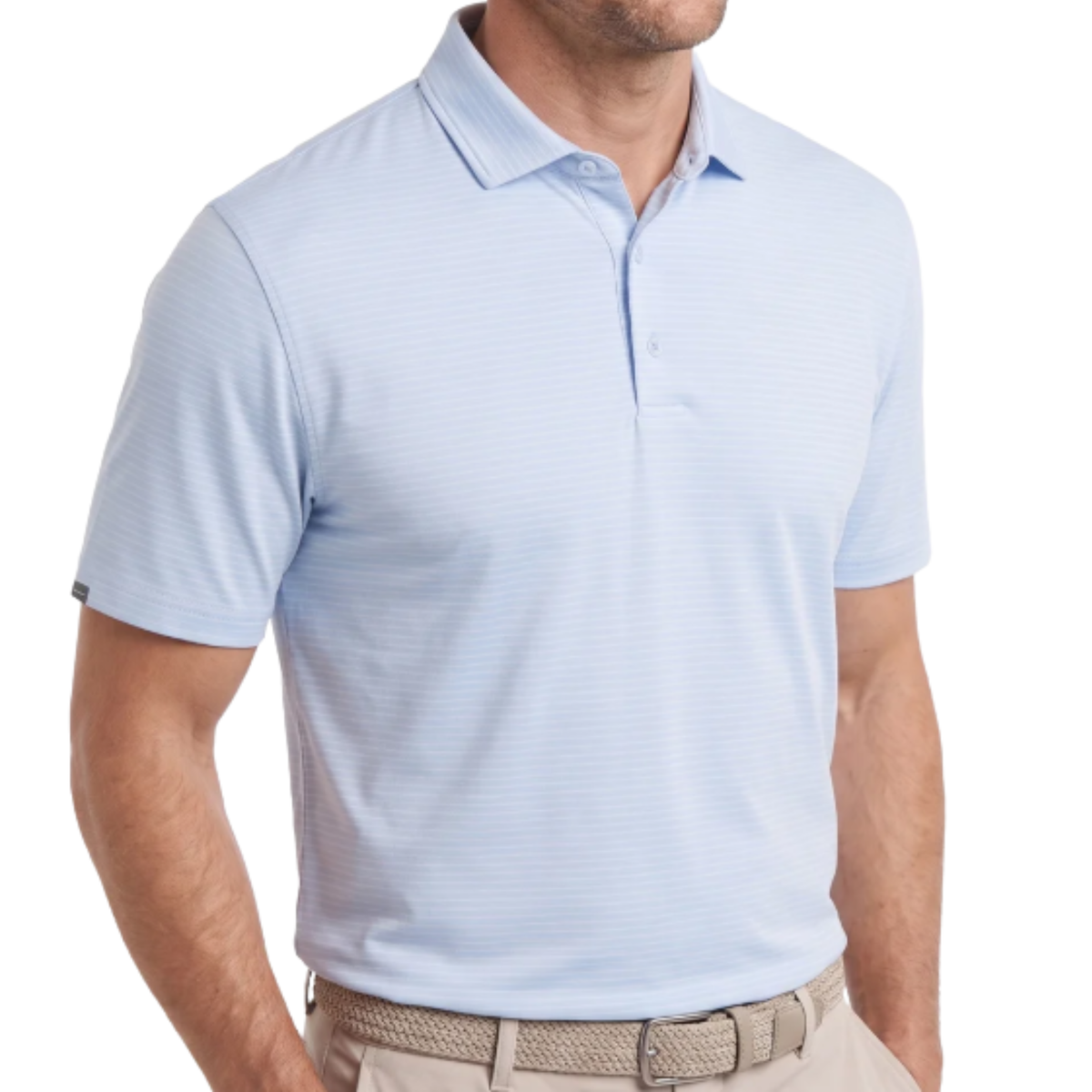 Helsby Pinstripe Jersey Performance Polo in Cashmere Blue with white pinstripes, worn by a model, front view