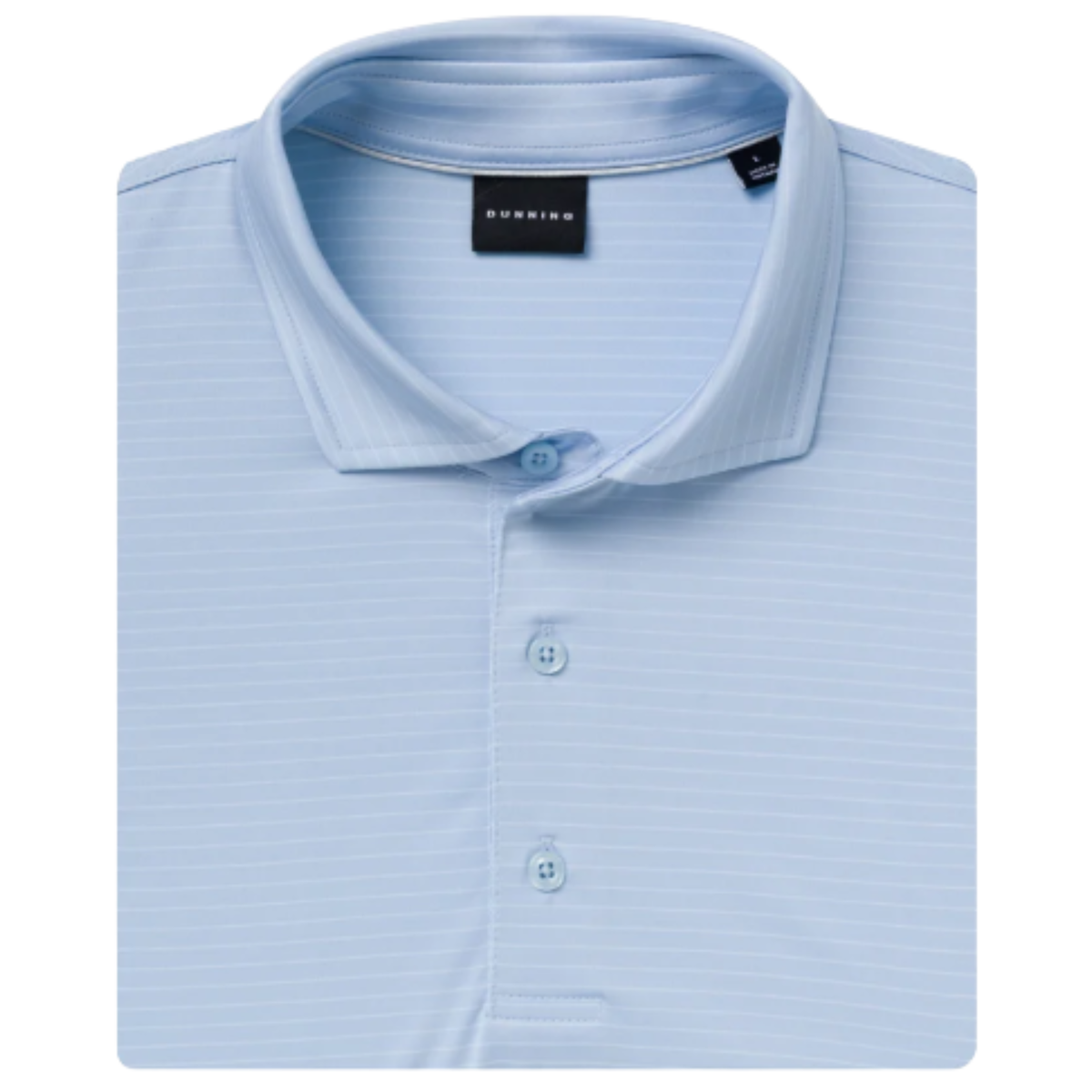Helsby Pinstripe Jersey Performance Polo in Cashmere Blue with white pinstripes, folded