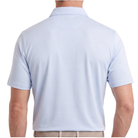 Helsby Pinstripe Jersey Performance Polo in Cashmere Blue with white pinstripes, worn by a model, back view